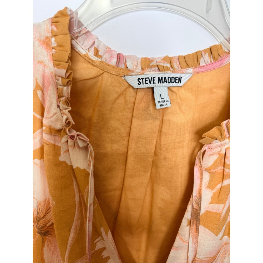 Steve Madden Cotton Babydoll Midi Dress Sz L Peachy Floral Tiered Cottage Beachy - Picture 6 of 8